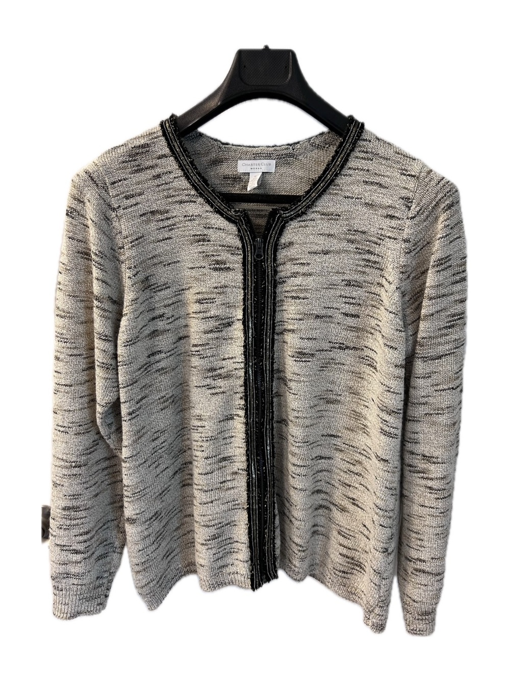 Charter Club Black & Tan Marled Cardigan with Beaded Trim
